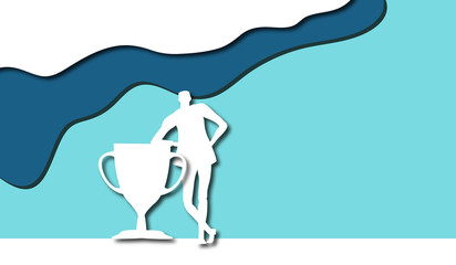 Silhouette of businessman who lied up at trophy. Paper cut design background with space for text.