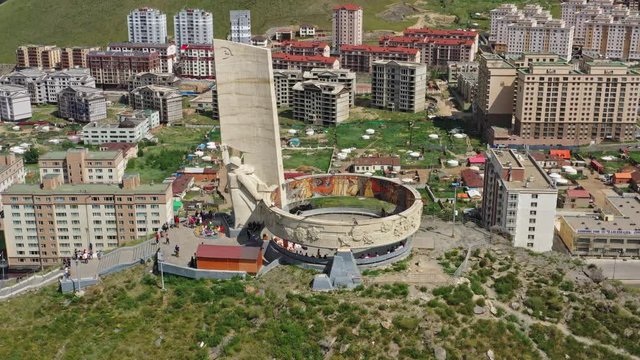 Aerial view of Memorial to Soviet soldiers on Zaisan Tolgoi in Ulaanbaatar, Mongolia, 4k