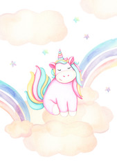 Watercolor hand drawn unicorn on the clouds in the sky with rainbow. Cute smiled unicorn poster, postcard, clipart. 