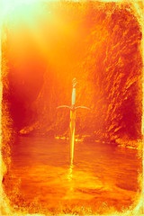Magyc sword in lake, old photo effect.