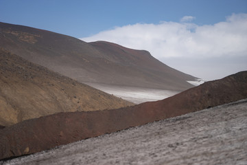 Volcanic landscape with glacier, rocks and ash on the Fimmvorduhals hiking trail. Iceland