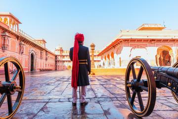 Jaipur City Palace Guard in his traditonal uniform, India