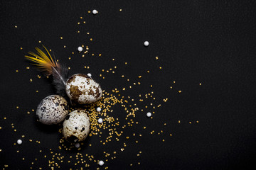 Moody easter decor. Quail eggs and feathers on black background. Happy easter holiday