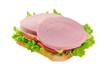 Sandwich with salad, tomato and sausage isolated on white