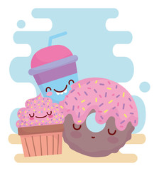 donut cupcake and cup menu character cartoon food cute