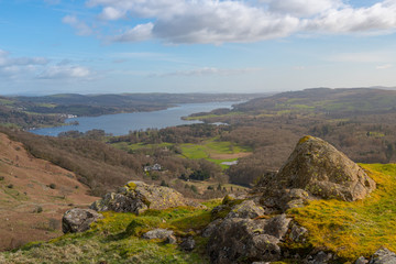Fototapeta na wymiar Lake Windermere in the background shot from high in the surrounding hills of Lake District National Park, UK