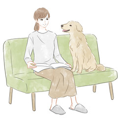 ソファに座る女性と犬 - obrazy, fototapety, plakaty