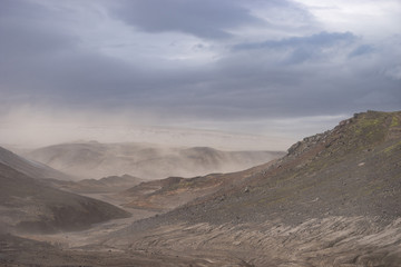 Volcanic landscape during ash storm on the Fimmvorduhals hiking trail. Iceland