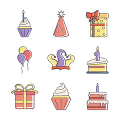 happy birthday, decoration event festive celebration party icon set line and fill style