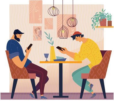 People using Smartphone in cafe. Phone addict and social media concept. flat character design vector illustration