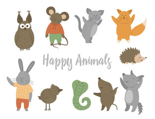 Set of vector happy animals. Cute funny characters isolated on white background. Flat design for kids..