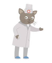 Vector animal doctor. Cute funny cat character. Medical picture for children. Hospital illustration isolated on white background. .