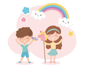 kids zone, cute little boy and girl with plane and horse stick toys