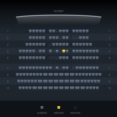 Cinema Ticket Booking Dark Theme. Movie ticket reservation UI design template. Vector illustration of top view cinema screen and seats.