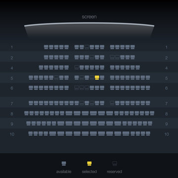 Cinema Ticket Booking Dark Theme. Movie ticket reservation UI design template. Vector illustration of top view cinema screen and seats.