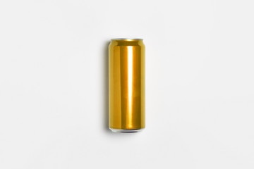 Aluminum gold Soda Can Mock-up isolated on light gray background.High resolution photo.Top view.
