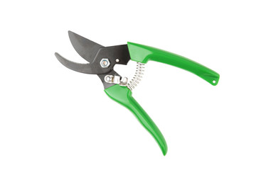 Green garden secateurs isolated on white background