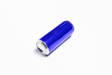 Aluminum blue Soda Can Mock-up isolated on light gray background.High resolution photo.Top view.