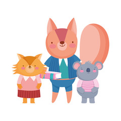 back to school, squirrel koala and fox students cartoon characters