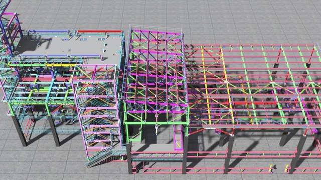 Flying over the top of a BIM model of an industrial building made of metal structures made by structural engineers. Development of detailed drawings of metal structures.