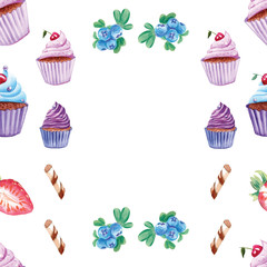 watercolor cupcakes seamless pattern with isolated elements on white background
