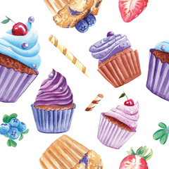 watercolor cupcakes seamless pattern with isolated elements on white background