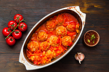 Meatballs in iron pan on wooden background. Close-up
