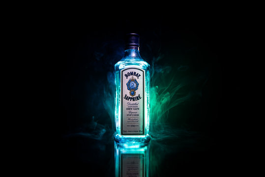 Baku, Azerbaijan - JUNE 16. 2019, Bottle of Bombay Sapphire, a brand of gin distributed by Bacardi.