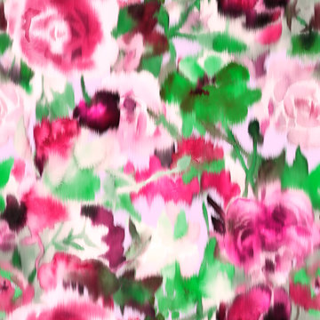 Watercolor floral seamless pattern. Large blurred opulent roses. Surreal botanical ornament in trendy style. Flowers in bloom. Backdrop for cloth, dress, fabric, textile, texture or wrapping,
