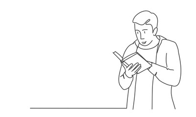 Man or student looks at the book. Hand drawn vector illustration.