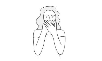 Girl covered her mouth  with her hands. Hand drawn vector illustration.