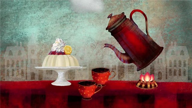 hot coffee coffee pot boils on fire cozy coffee shop heat Fire and a big cake on the table coffee cups 2d animation