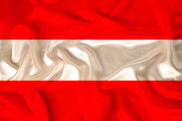 photo of the national flag of Austria on a luxurious texture of satin, silk with waves, folds and highlights, closeup, copy space, concept of state economy and politics, illustration