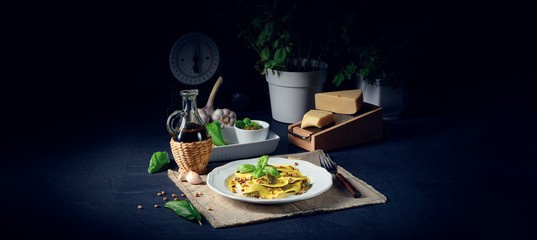 Vegetariano italiano! Tortelli with roasted pine nuts and pesto basilico