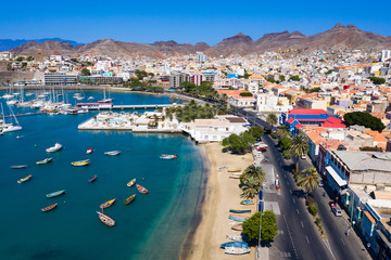 Fototapeta na wymiar Aerial view of Mindelo Marina in Sao Vicente Island in Cape Verde