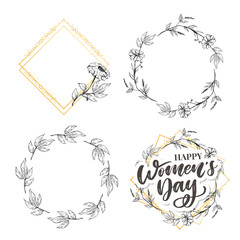 8 march. Happy Woman's Day Vector congratulation card with linear floral wreath