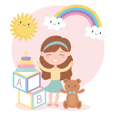 Obraz na płótnie Canvas kids zone, little girl alphabet blocks teddy bear and stacking tower toys