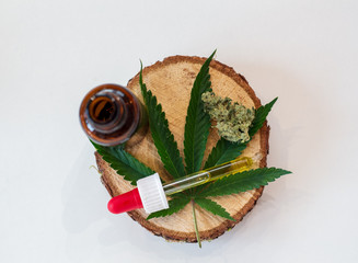 Cannabis oil, leaf and flower placed on wooden log with white background
