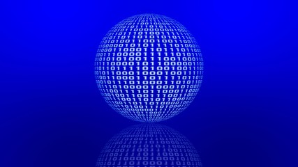 Sphere of binary code with reflection on blue floor against blue background - 3D illustration