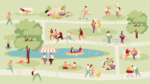 Large crowd of people in the park. Recreation, sport and outdoor activities vector illustration