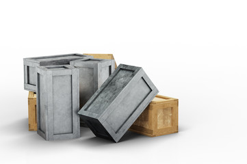 Some closed metal and wood transportation box put in chaos on the ground