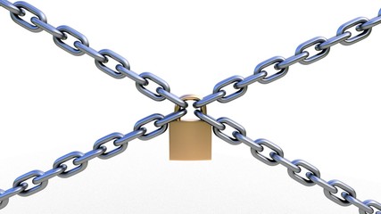 Crossed chains with lock. 3D-rendering.
