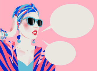 Girl dreaming. Stylish fashionably dressed woman is thinking. Attractive young lady isolated. Think dialog speech bubble.