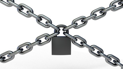 Crossed chains with lock. 3D-rendering.