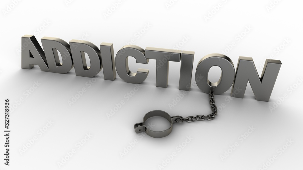Fototapete Addiction text with chain and shackles isolated on a white background. 3D-rendering.