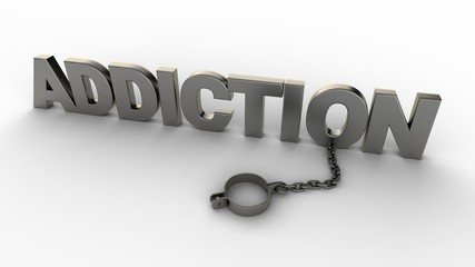Addiction text with chain and shackles isolated on a white background. 3D-rendering.