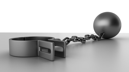 Ball and chain with an open shackle. Isolated on white background. 3D-rendering.