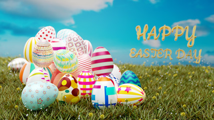 Set of colorful easter eggs place on green grass with blue sky background .