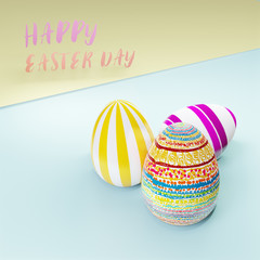 Group of colorful easter eggs on color paper with text.