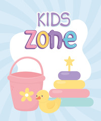 kids zone, bucket rubber duck and puzzles tower toys sunburst background